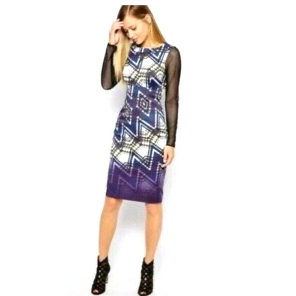 Karen Millen Dress Sheath Round Neck Mesh Sleeve Blue Purple Geometric 4 S - Picture 1 of 9